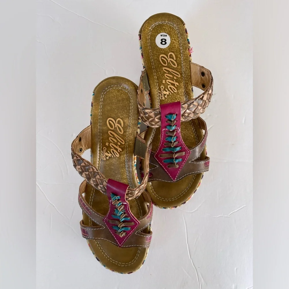 ELITE By CORKYS Sandals Heels Brown Multi Color Pink Slip On Rest Women’s 8